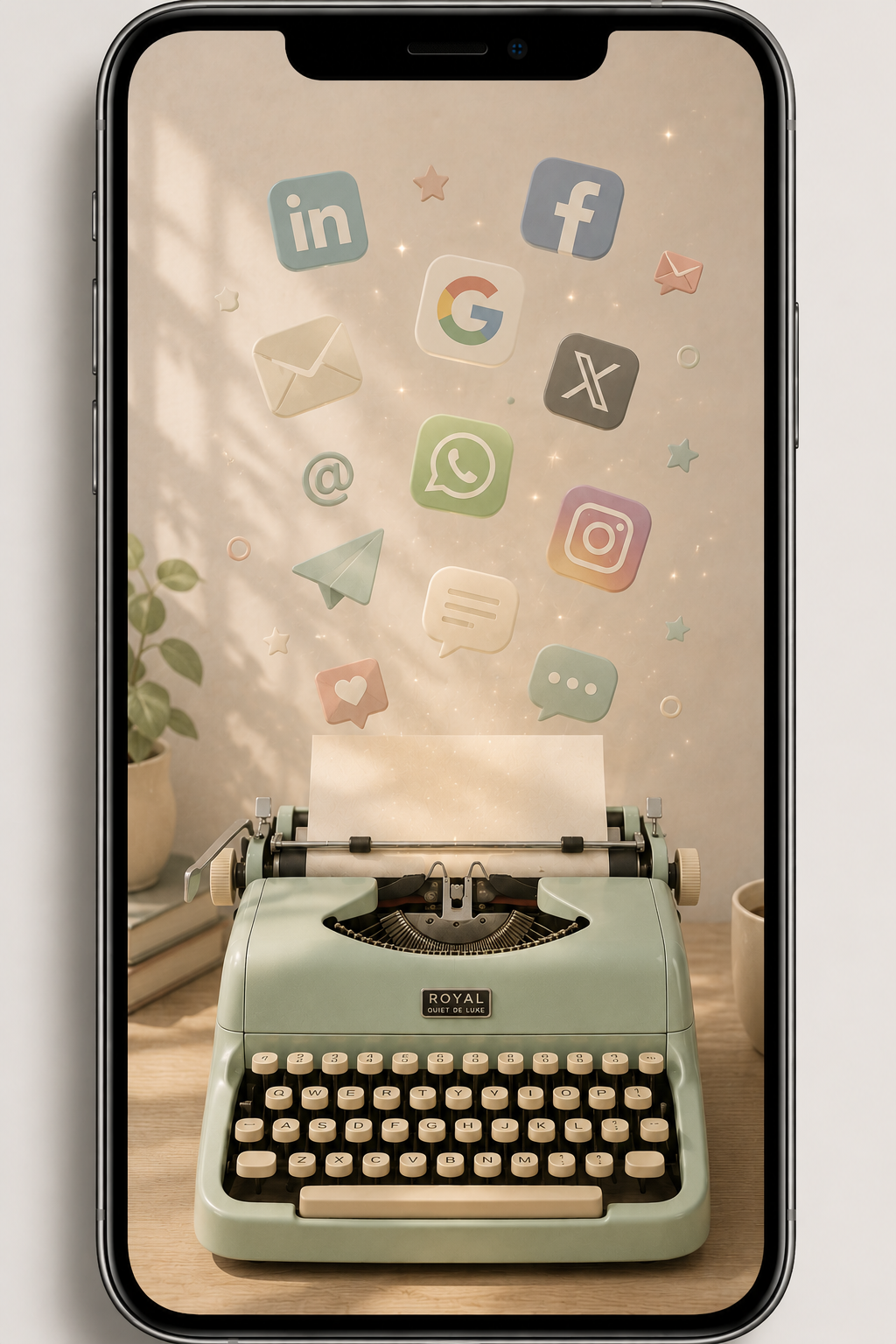 Smartphone frame with a vintage mint typewriter and floating social media icons